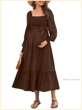 Maternity Smocked Midi Dress Long Sleeve Square Neck Baby Shower